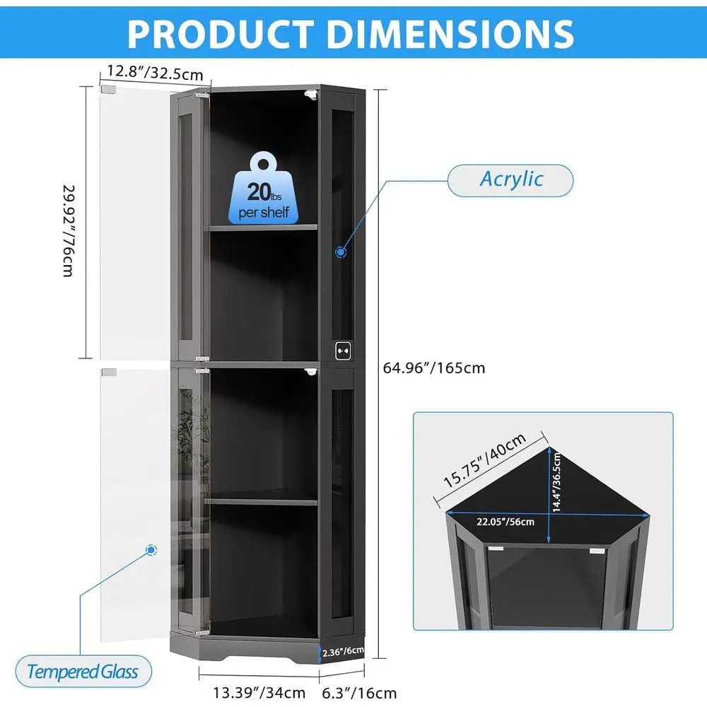 65" Glass Display Cabinet with LED Lights, 4-Tier Showcase Display Case with Glass Do& Human Body Sensor or Collectibles, Liquor