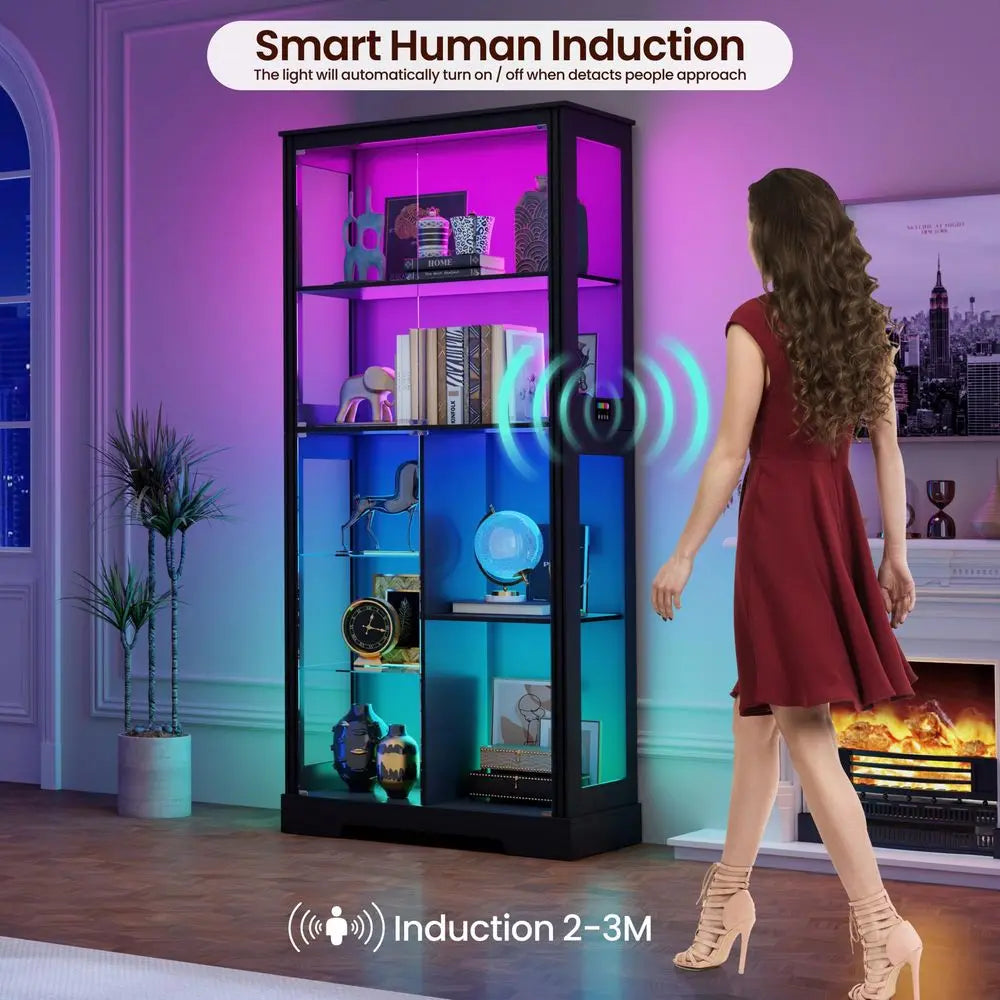 Lighted Corner Display Curio Cabinet Wooden Curved Shelving Unit with Tempered Glass Door, Bar and Liquor Storage Area with 6 S