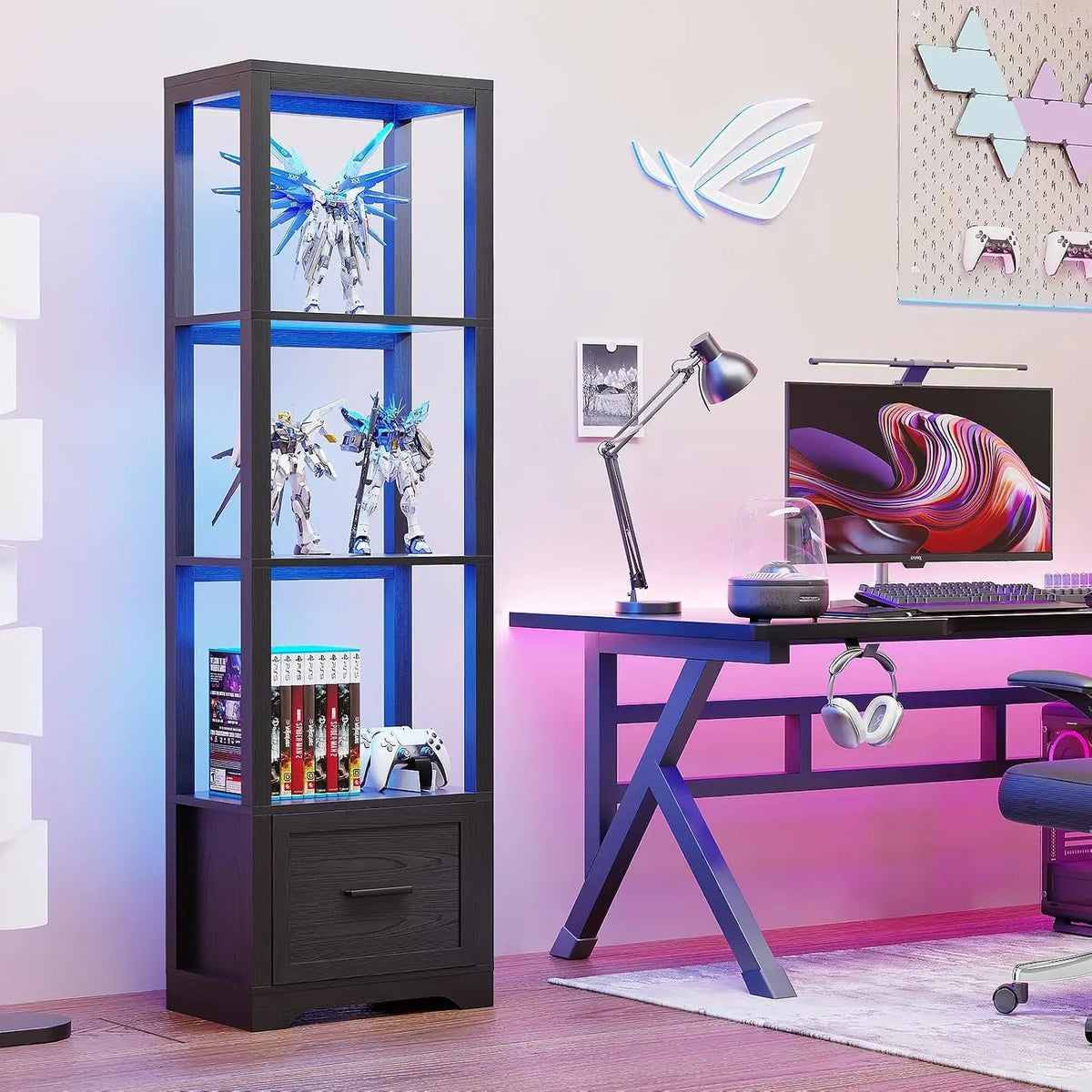 3-Color LED Display Shelf with Drawer, Dimmable Bookshelf for Collectibles, Books, Trophies, Black