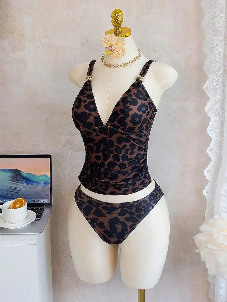 Leopard Print V-Neck Two Piece Swimsuit With Adjustable Straps Slimming Design Summer Beach Wear