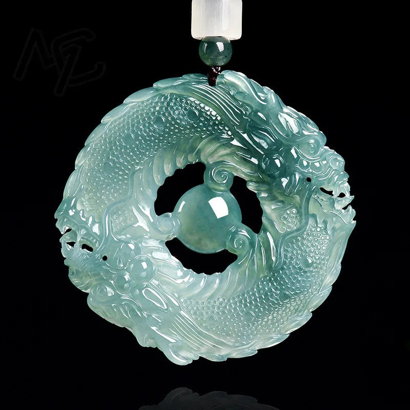 Natural Real Emerald Blue Water Jade Double Dragon Brand Pendant Necklace Carved Jadeite Jewelry Fashion Amulet Gift Certificate