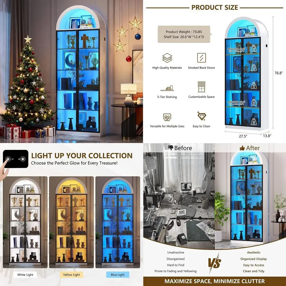 Display Cabinet with Doors and Adjustable Shelves, 76 Tall Display Case with LED Lights Arch Storage Space, 6 Tier Bookcase for