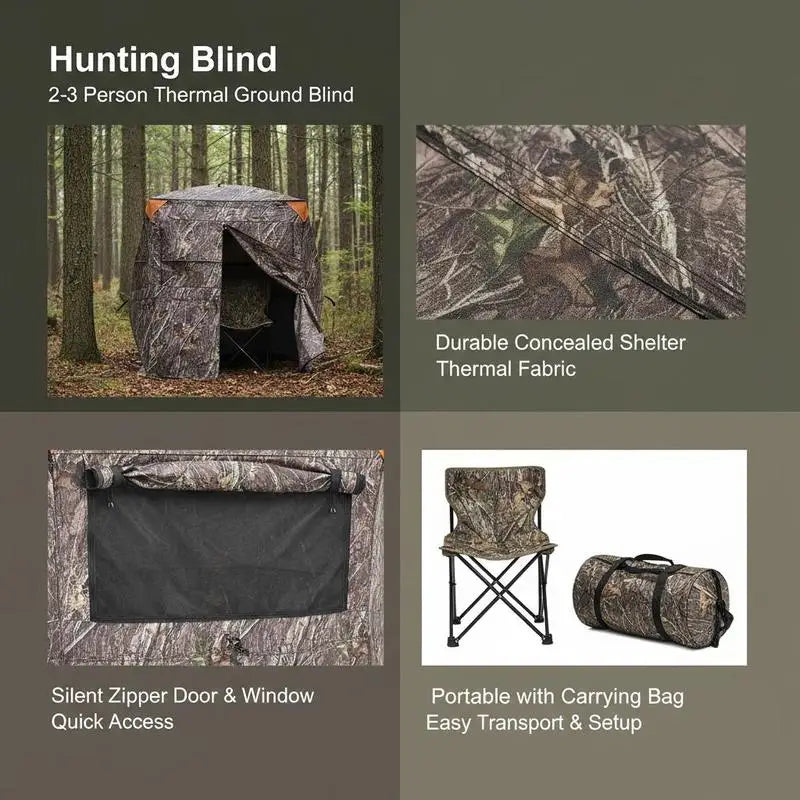Hunting Blind 2-3 Person For Turkey Deer Hunting, Portable Camouflage Tent, Tri-Leg Chair Carrying Bag, Silent Zipper Door Window, Durable Concealed Shelter
