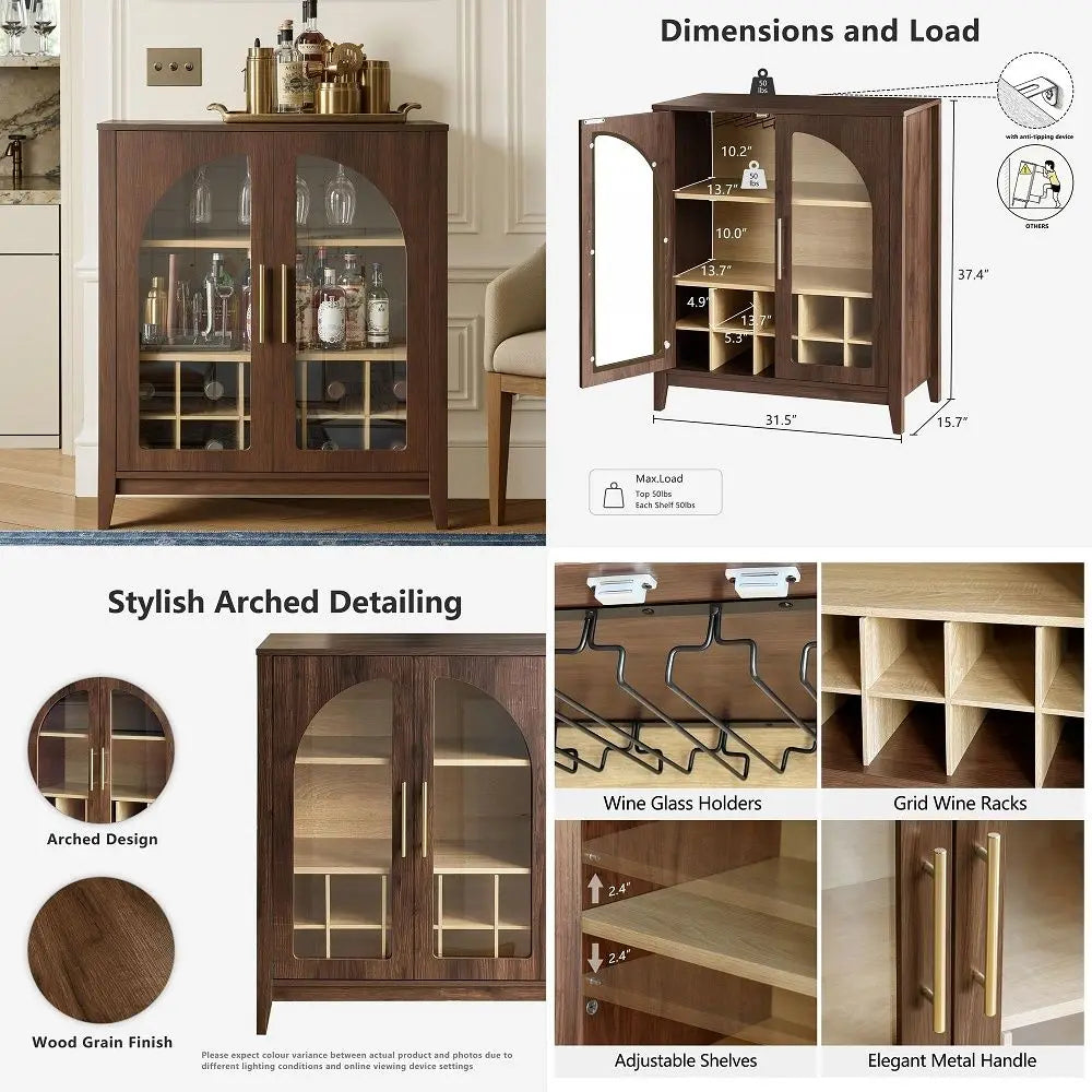 Tall Storage Cabinet Fluted Pantry Cabinets with Glass Doors, Wooden Kitchen Food Cupboard, Adjustable Shelves, Modern Display