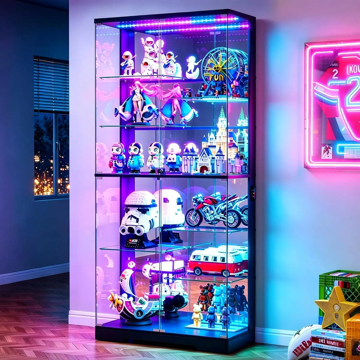67''H Corner Curio Cabinet - with Glass Door, Lockable Glass Display Cabinet with RGB Motion Sensor Light, 5-Tier, Customized