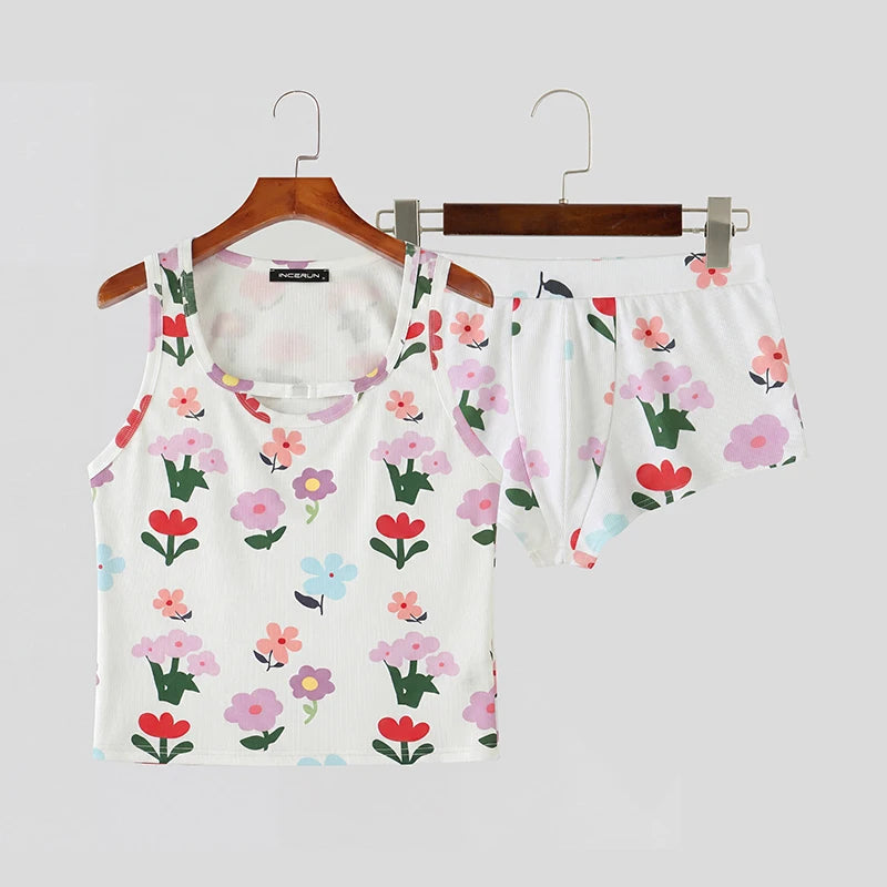 INCERUN Men's Sets Flower Printing Summer Homewear Sleeveless Tank Tops Shorts Two Piece Sets 2026 Casual Unisex Matching Sets