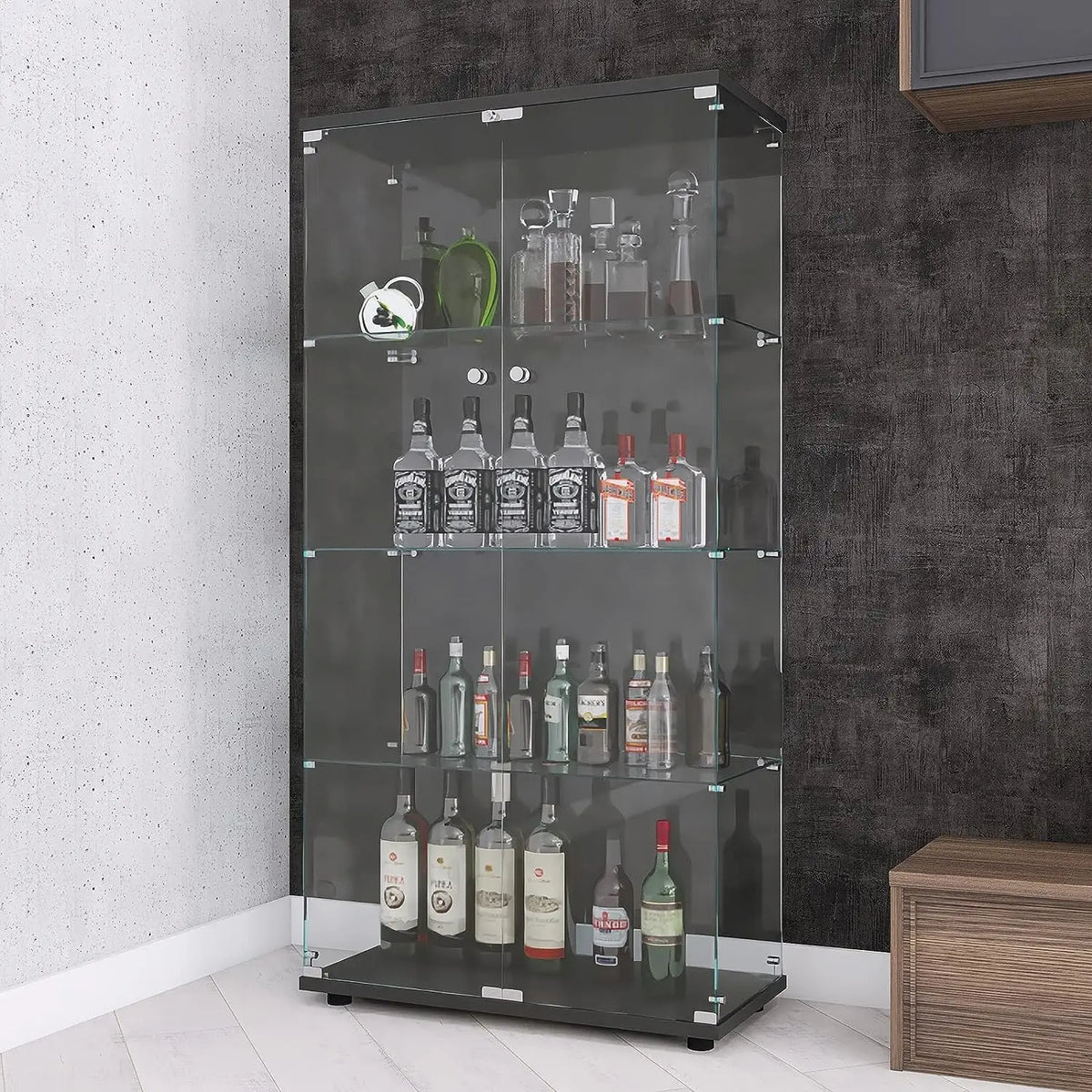 Glass Display Cabinet 4-Shelf with Double Door, Curio Display Cabinet with 5mm Tempered Glass, Floor Standing, Customized