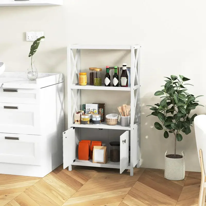Bathroom Storage Cabinet with Open Shelves and Double Doors-White
