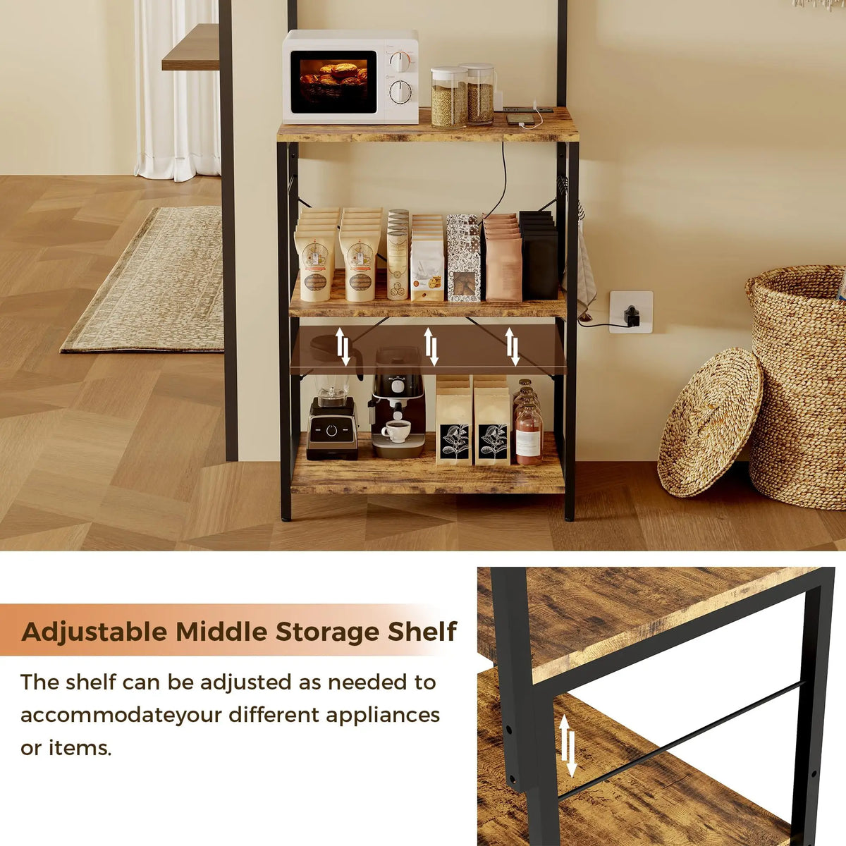 Baker's Rack For Kitchen With Outlet, 6-Tier Microwave Stand With Adjustable Shelves, 10 Hooks, Coffee Bar Storage