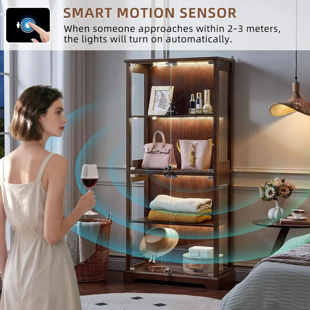 Walnut Glass Display Cabinet with 3-Color LED Motion-Sensor Light