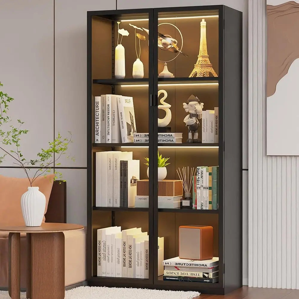 63 Tall Glass Display Cabinet with LED Lights, Adjustable Shelves for Collectibles, Suitable for Living Room, Bedroom, Office