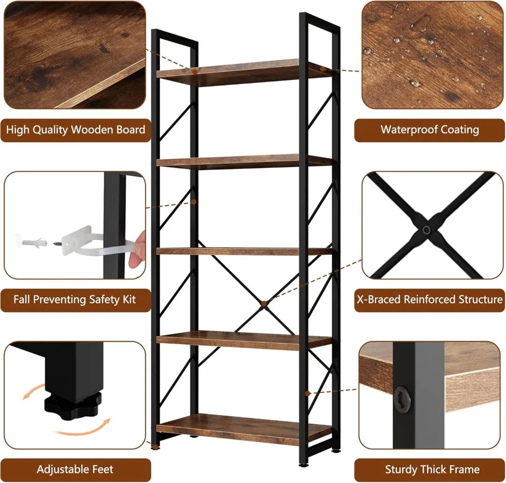 5-Tier Bookshelf, Tall Industrial Book Rack, Modern Book Holder for Living Room, Home Office, Storage Shelves