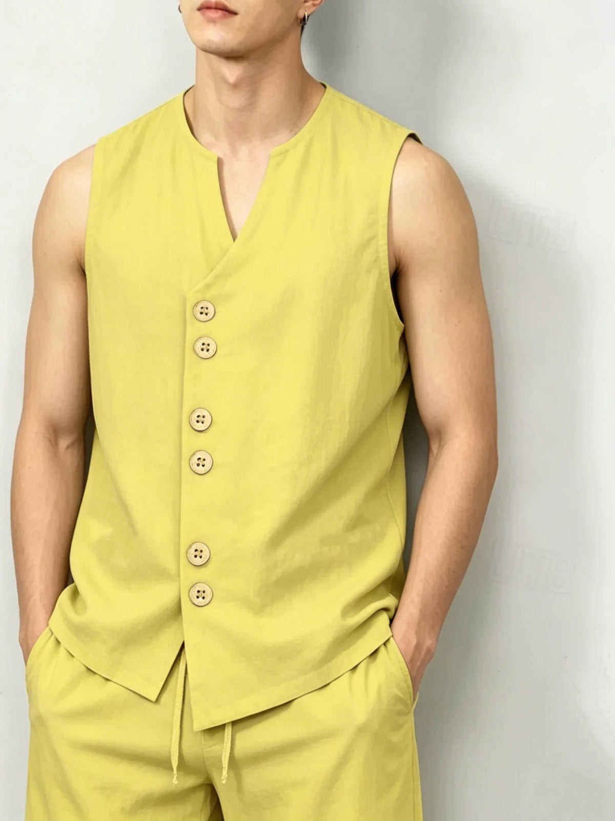 Men's Linen-Look Sleeveless Shirt & Shorts Set