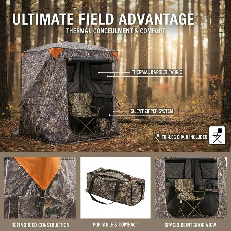 Hunting Blind 2-3 Person For Turkey Deer Hunting, Portable Camouflage Tent, Tri-Leg Chair Carrying Bag, Silent Zipper Door Window, Durable Concealed Shelter