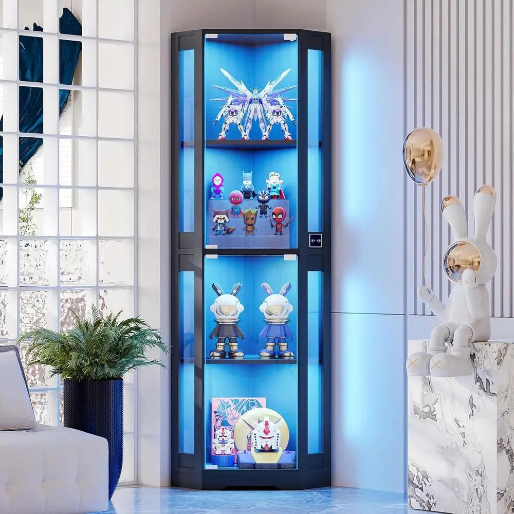65" Glass Display Cabinet with LED Lights, 4-Tier Showcase Display Case with Glass Do& Human Body Sensor or Collectibles, Liquor