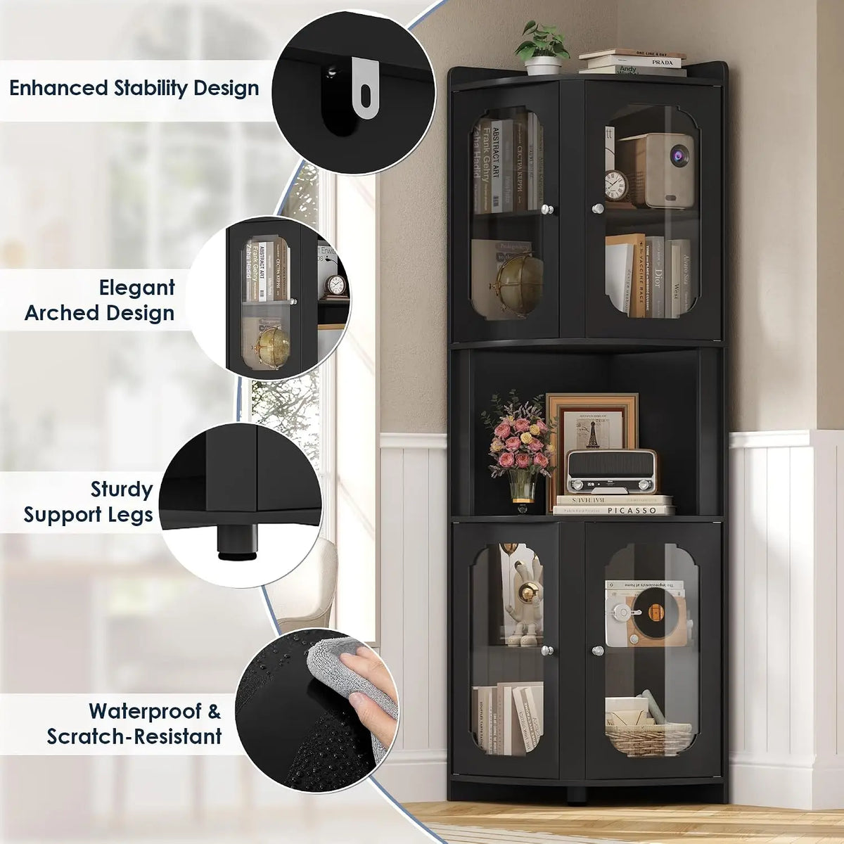 69" Tall Corner Storage Cabinet with Glass Doors, 5-Tier Display Shelf for Small Spaces, Modern Bookshelf for Living Room, Home Office, Kitchen, Black