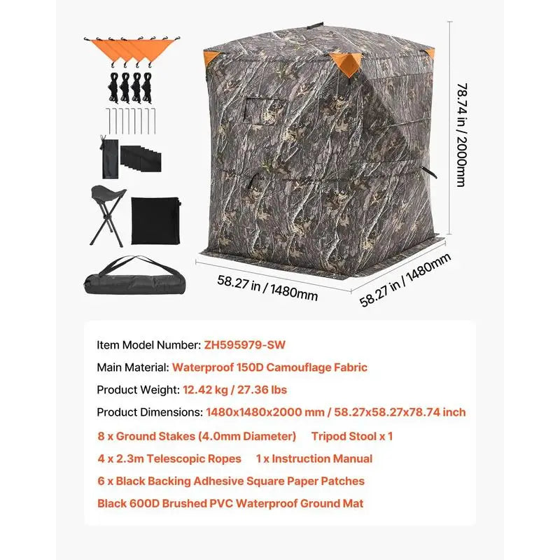 Hunting Blind 2-3 Person For Turkey Deer Hunting, Portable Camouflage Tent, Tri-Leg Chair Carrying Bag, Silent Zipper Door Window, Durable Concealed Shelter