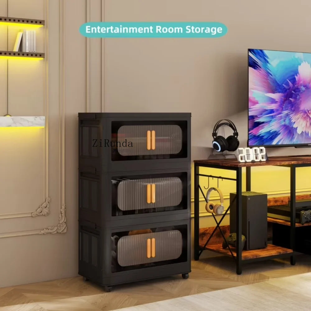 Plastic folding storage cabinet, 4-layer foldable storage box with magnetic doors and wheels, bedroom foldable closet, black -4 layers（