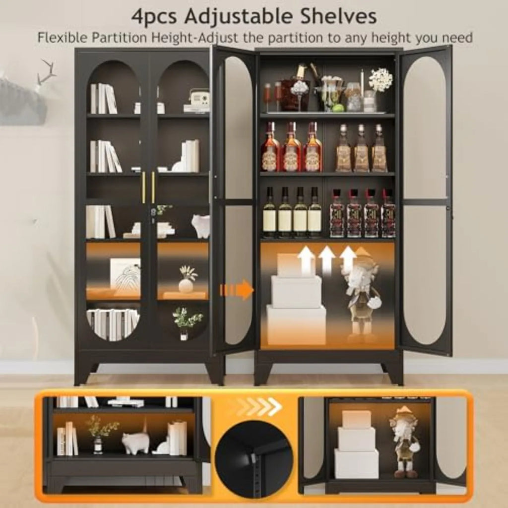 71" H Locking Display Cabinet with Glass Door, Metal Curio Cabinets with 4 Adjustable Shelves, Tall Liquor Cabinet