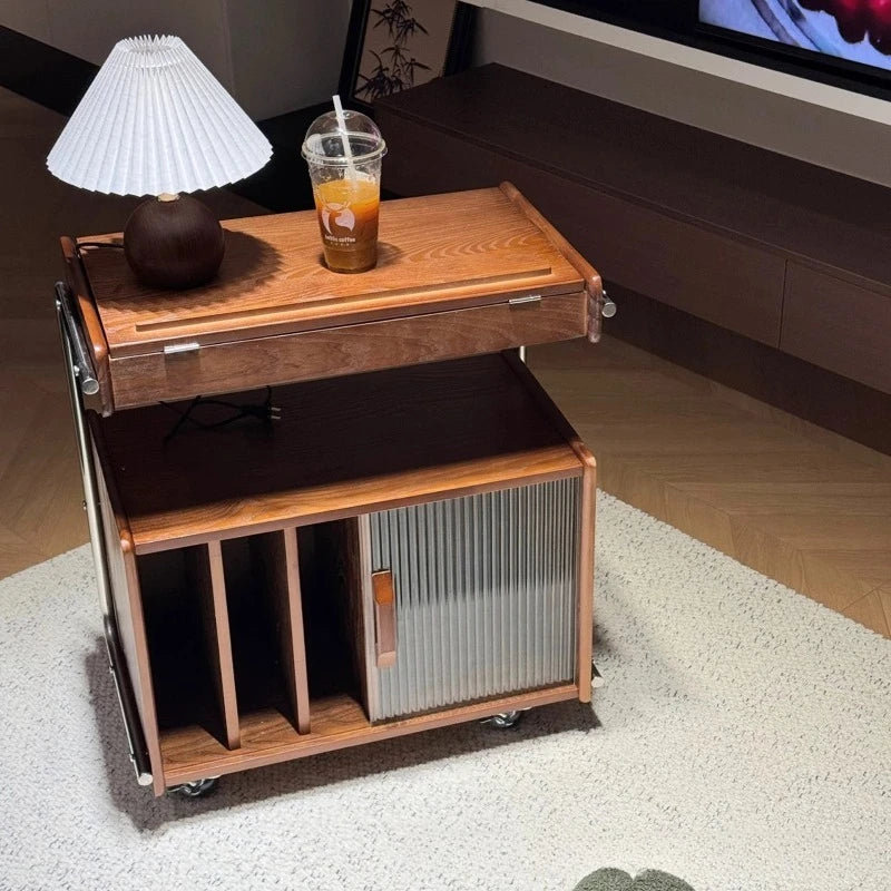Medieval bedside table movable solid wood side cabinet, sofa side feeling medieval style living room storage cabinet