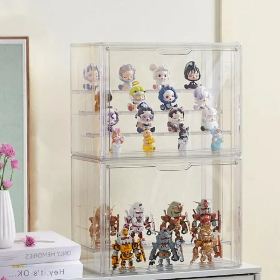 Clear Acrylic Display Case Upgrade 4 Tier Figure Display Case with 3 Movable Dividers Stackable Display Box Showcase with Magne