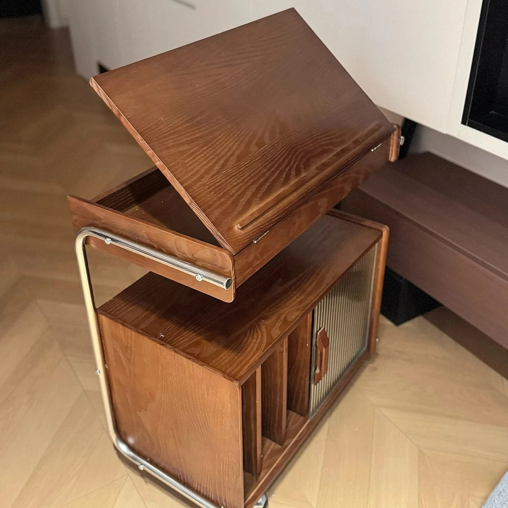Medieval bedside table movable solid wood side cabinet, sofa side feeling medieval style living room storage cabinet