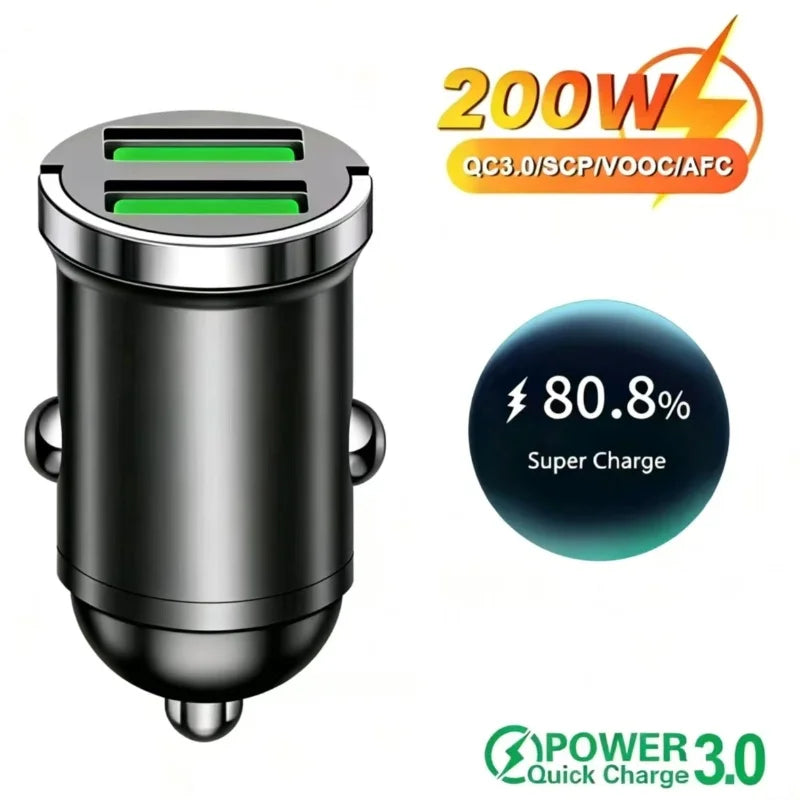 100W/200W QC3.0 PD Mini Car Charger 12-24V Lighter Fast Charging Car USB Type C Charger for Xiaomi Samsung Huawei iPhone Power