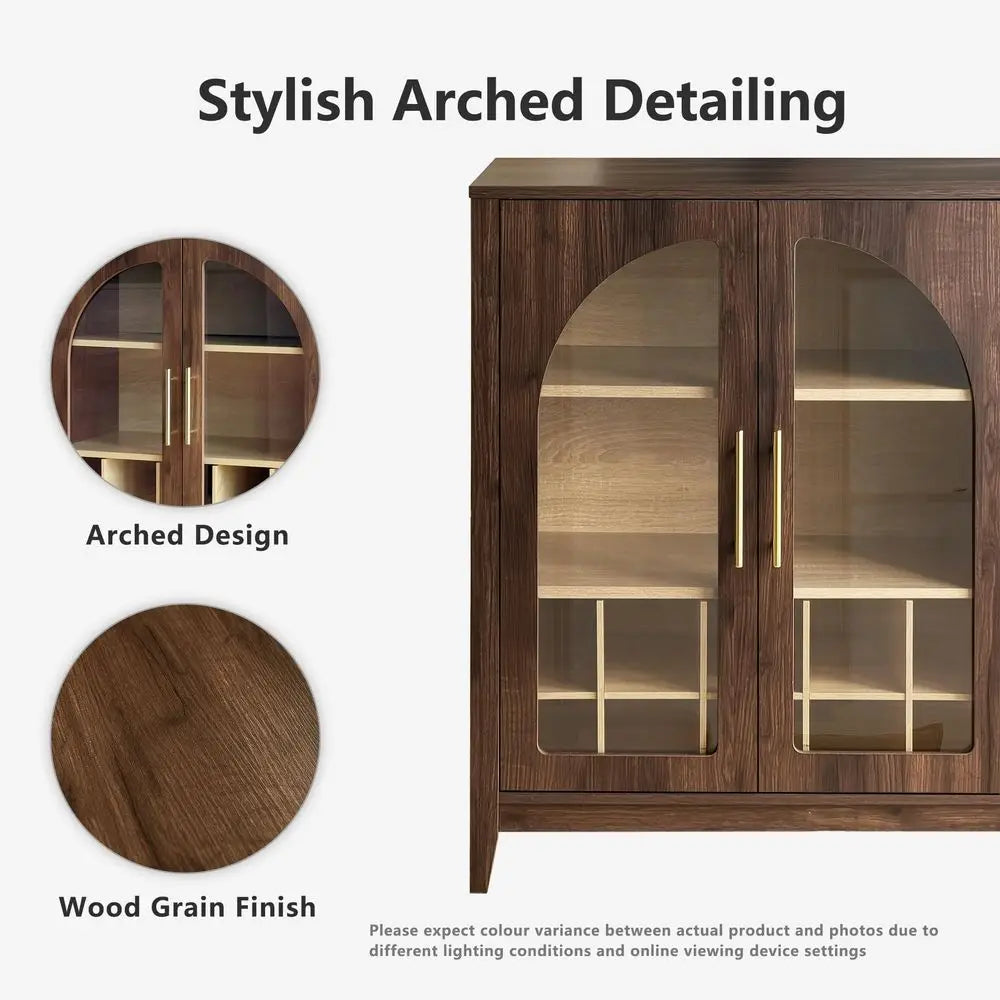 Tall Storage Cabinet Fluted Pantry Cabinets with Glass Doors, Wooden Kitchen Food Cupboard, Adjustable Shelves, Modern Display