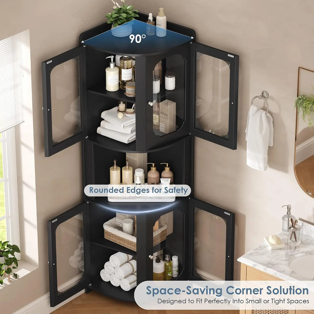 69" Tall Corner Storage Cabinet with Glass Doors, 5-Tier Display Shelf for Small Spaces, Modern Bookshelf for Living Room, Home Office, Kitchen, Black