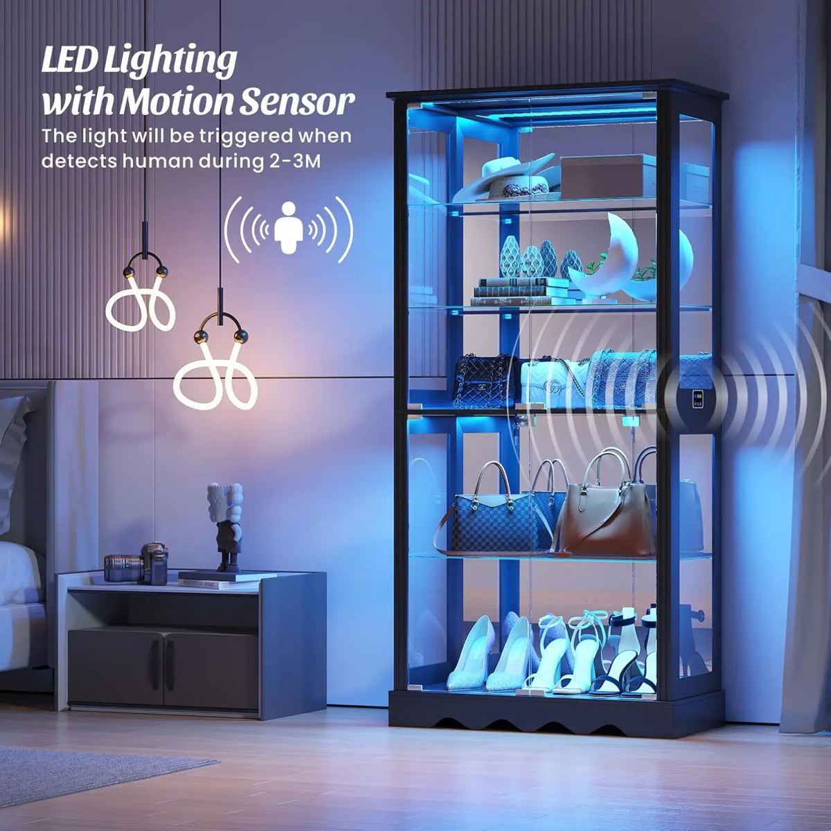 Display Cabinet with Glass Doors, 71'' Tall Curio Cabinet with RGB Lights for Collectibles, LED Display Case with, Customized