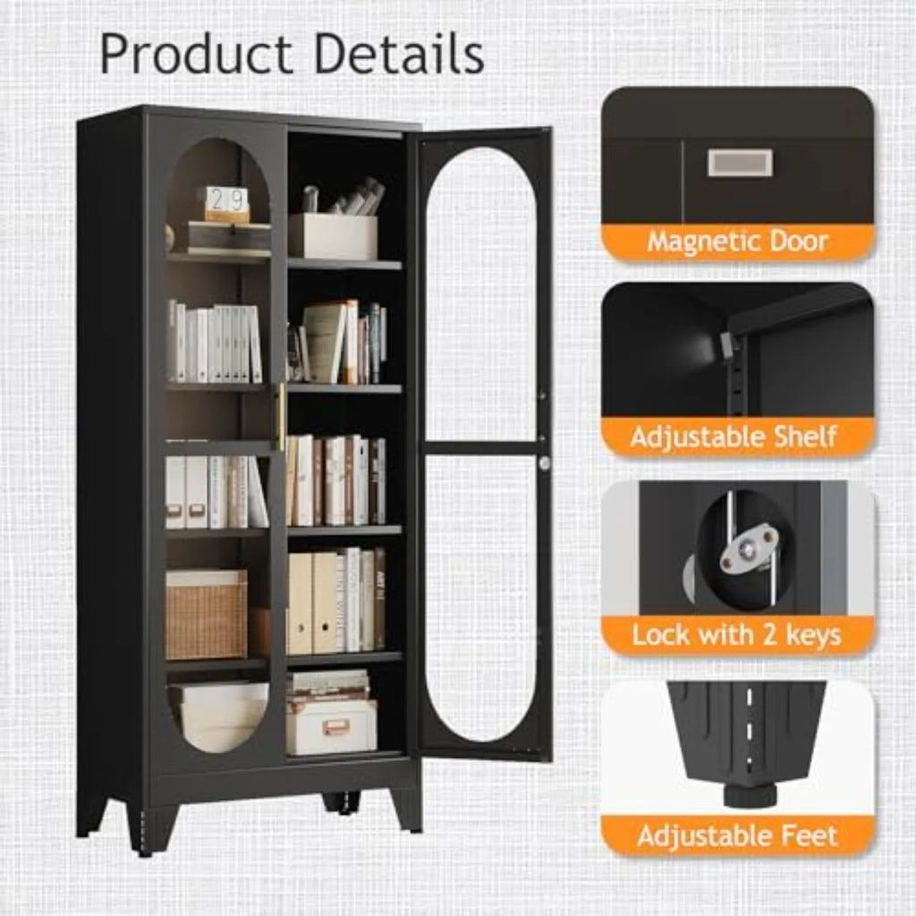 71" H Locking Display Cabinet with Glass Door, Metal Curio Cabinets with 4 Adjustable Shelves, Tall Liquor Cabinet