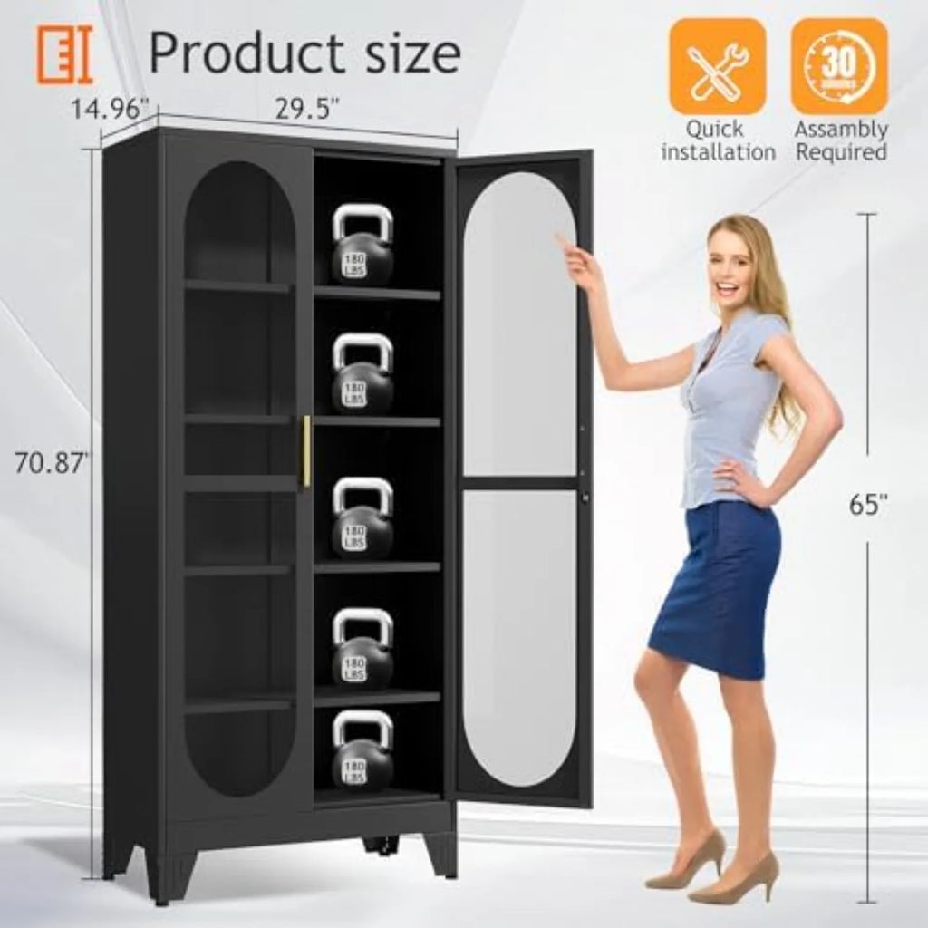 71" H Locking Display Cabinet with Glass Door, Metal Curio Cabinets with 4 Adjustable Shelves, Tall Liquor Cabinet