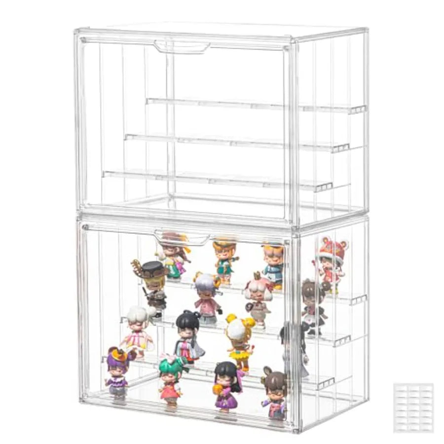 Clear Acrylic Display Case Upgrade 4 Tier Figure Display Case with 3 Movable Dividers Stackable Display Box Showcase with Magne