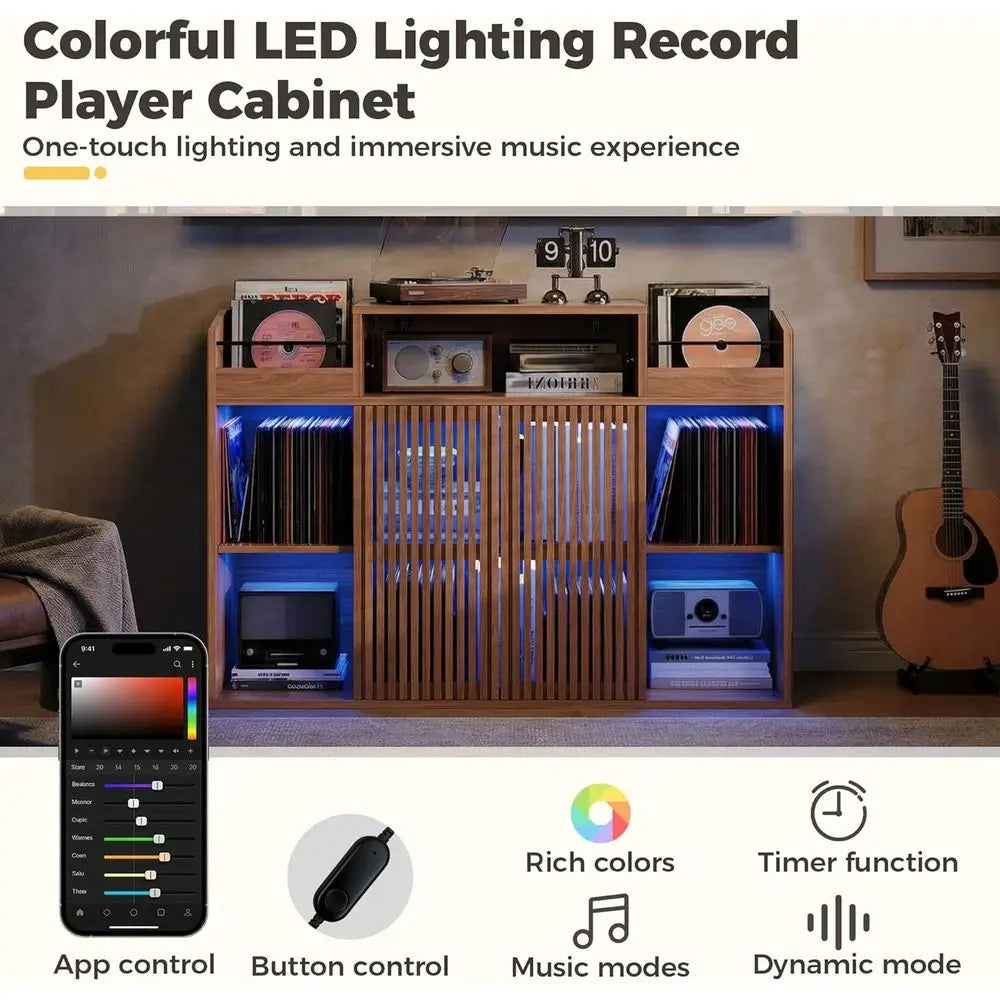 Elegant Vinyl Record Storage Cabinet, Holds Over 1500 Records, with Sliding Doors, Charging Station, LED Lighting, Brown