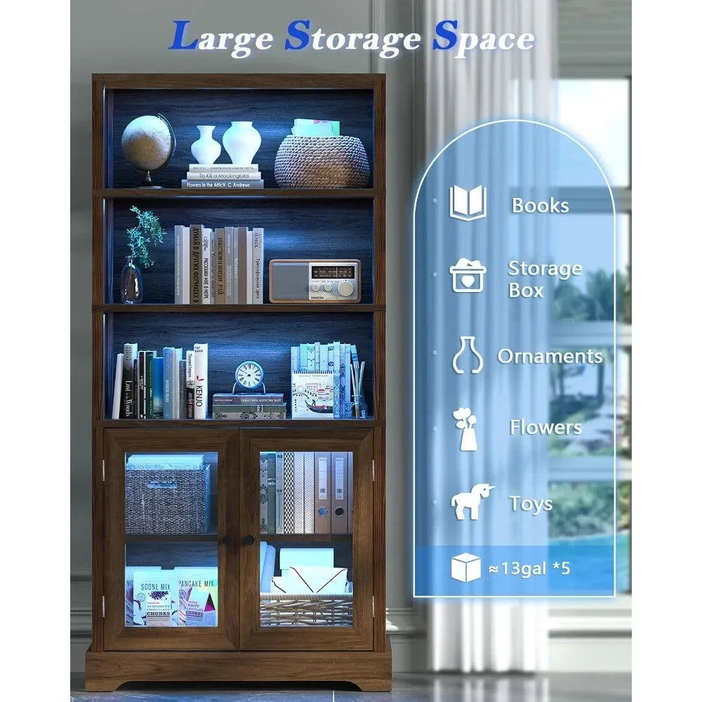 65" 5-Tier Bookshelf with Multi-Color Ambient Lights & APP Control, Tall Display Shelf with Doors, Rustic Brown for Living Room, Bedroom, Study