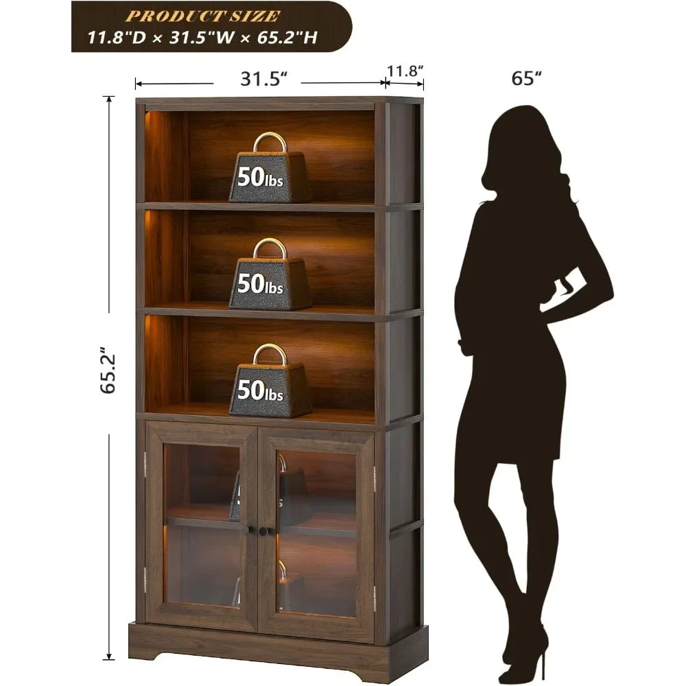 65" 5-Tier Bookshelf with Multi-Color Ambient Lights & APP Control, Tall Display Shelf with Doors, Rustic Brown for Living Room, Bedroom, Study