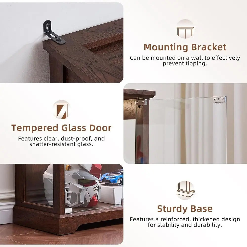 Walnut Glass Display Cabinet with 3-Color LED Motion-Sensor Light