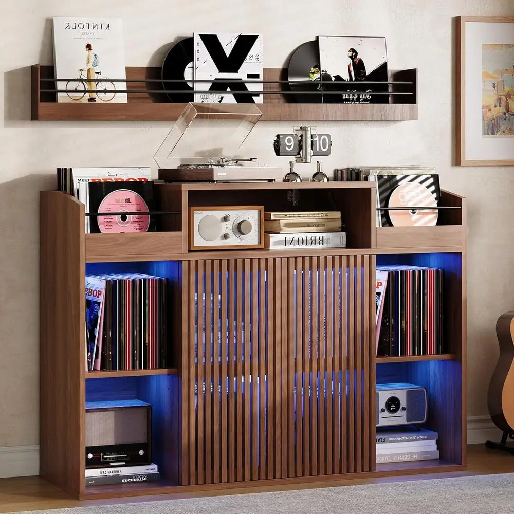 Elegant Vinyl Record Storage Cabinet, Holds Over 1500 Records, with Sliding Doors, Charging Station, LED Lighting, Brown