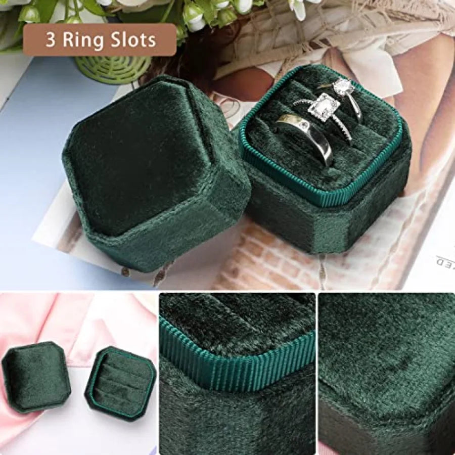 Velvet Ring Box, Octagon Velvet Jewelry Ring Box Storage 3 Slots Ring Holder Box for Proposal, Engagement, Wedding Ceremony Gre
