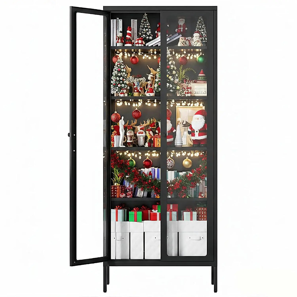 Display Cabinet with Glass Doors,67” Metal Display Curio Cabinet with Glass Doors and 4 Adjustable Shelves for, Customized