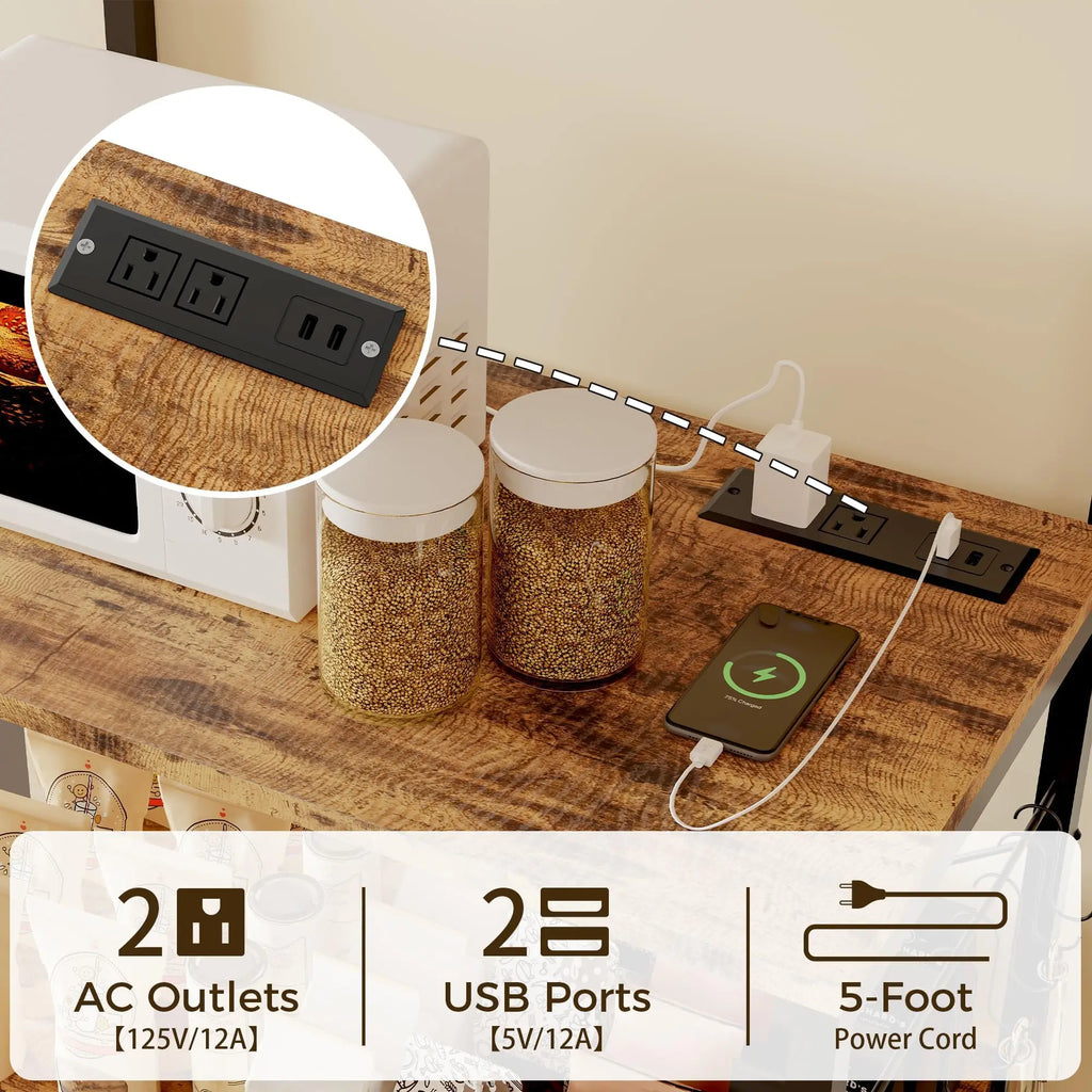Baker's Rack For Kitchen With Outlet, 6-Tier Microwave Stand With Adjustable Shelves, 10 Hooks, Coffee Bar Storage