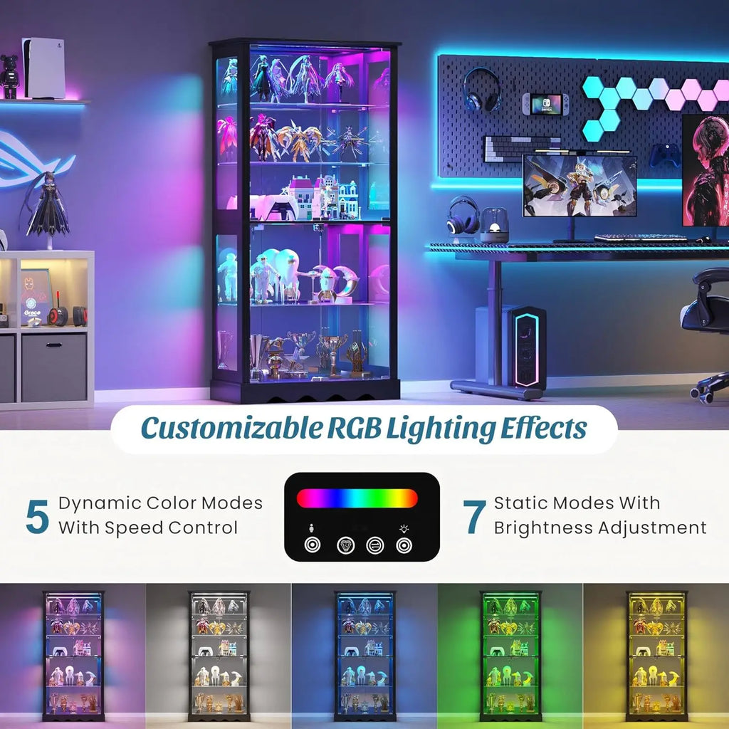 Display Cabinet with Glass Doors, 71'' Tall Curio Cabinet with RGB Lights for Collectibles, LED Display Case with, Customized