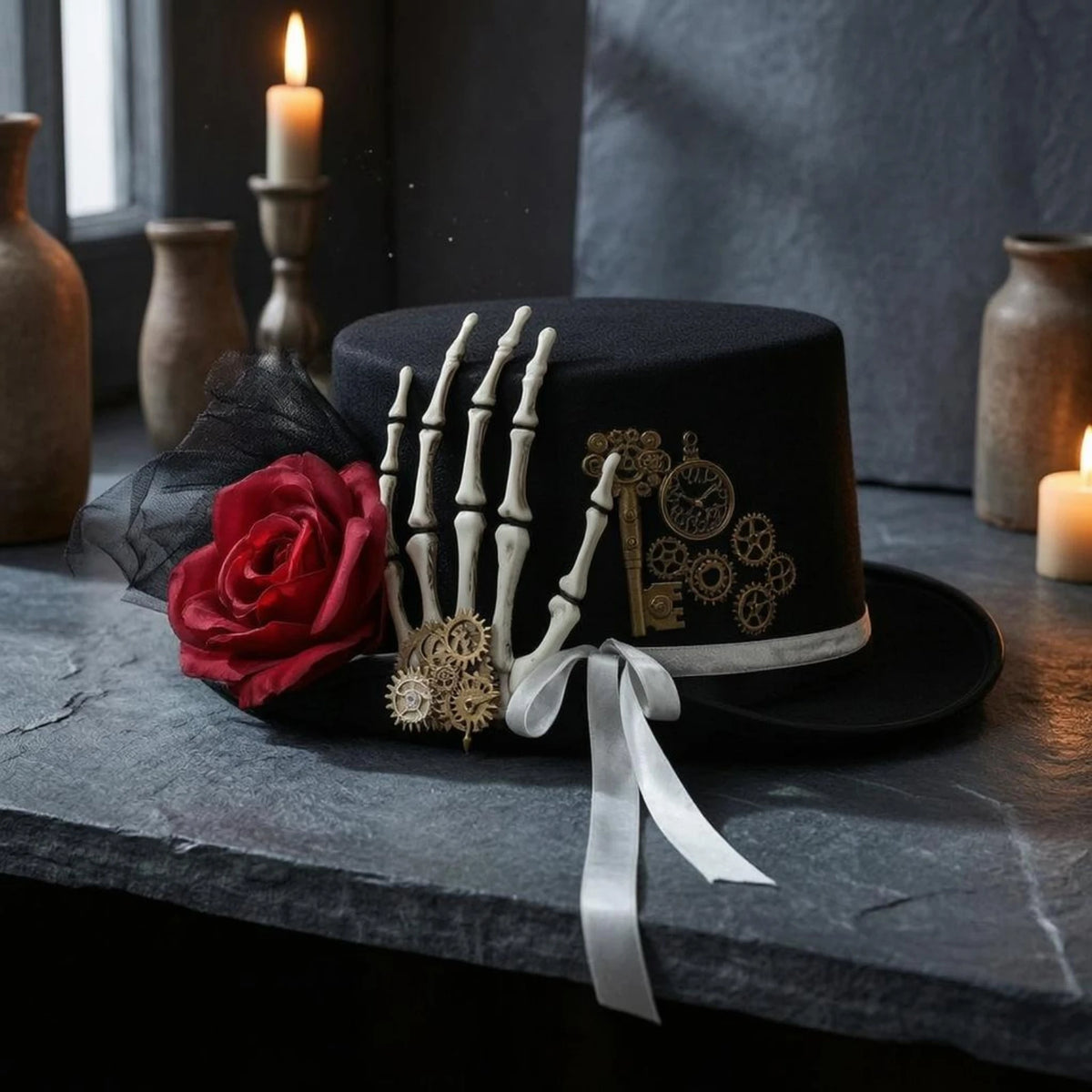 Gothic Steampunk Hat Gear Accents Gothic Top Hat Headwear Tulle Trim