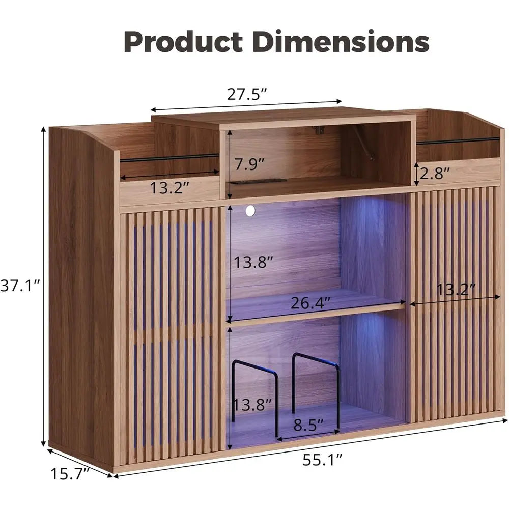 Elegant Vinyl Record Storage Cabinet, Holds Over 1500 Records, with Sliding Doors, Charging Station, LED Lighting, Brown
