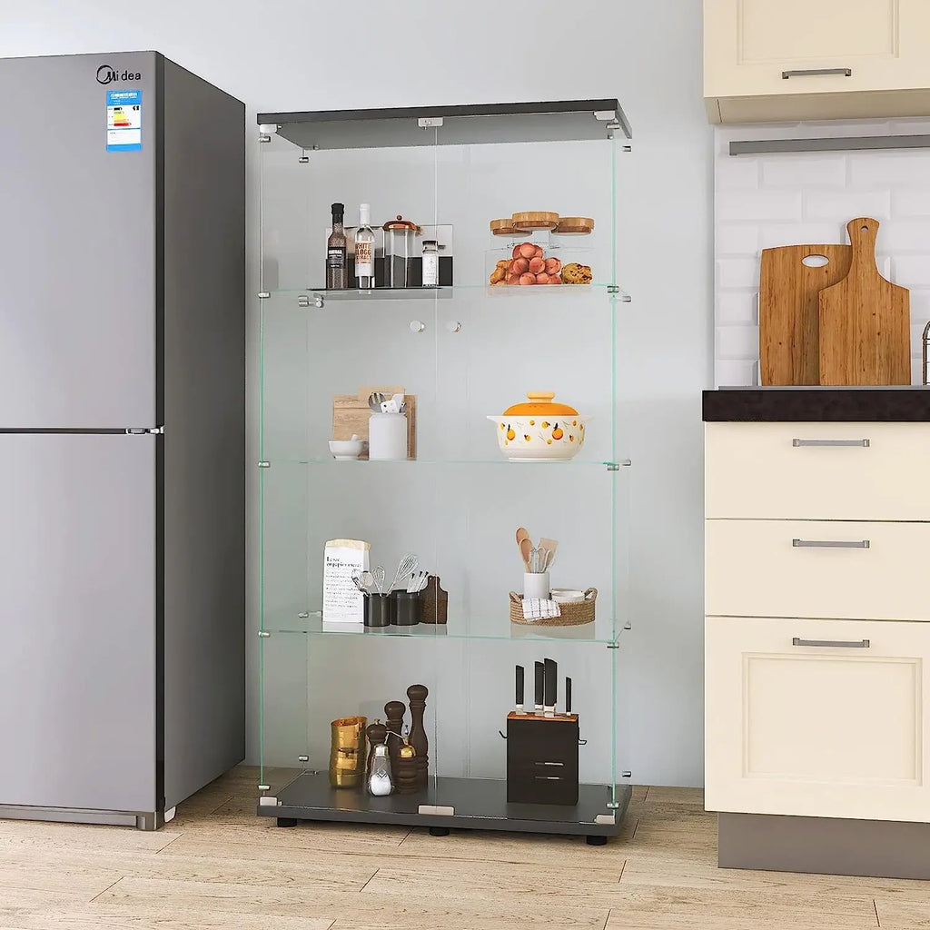 Glass Display Cabinet 4-Shelf with Double Door, Curio Display Cabinet with 5mm Tempered Glass, Floor Standing, Customized