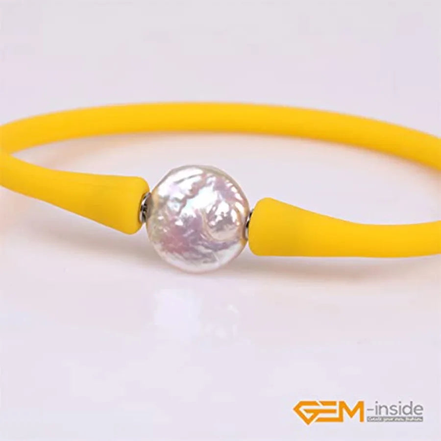 Quality Assurance GEM-Inside Big 13mm Real Coin Pearl Bridesmaid Yellow Stackable Silicone Rubber Stretch Freshwater Cultured P