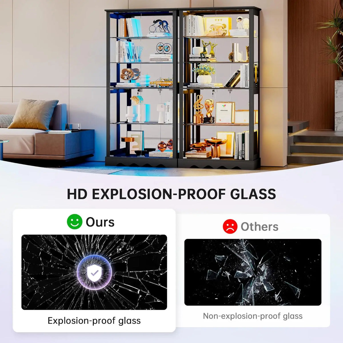 Display Cabinet with Glass Doors, 71'' Tall Curio Cabinet with RGB Lights for Collectibles, LED Display Case with, Customized