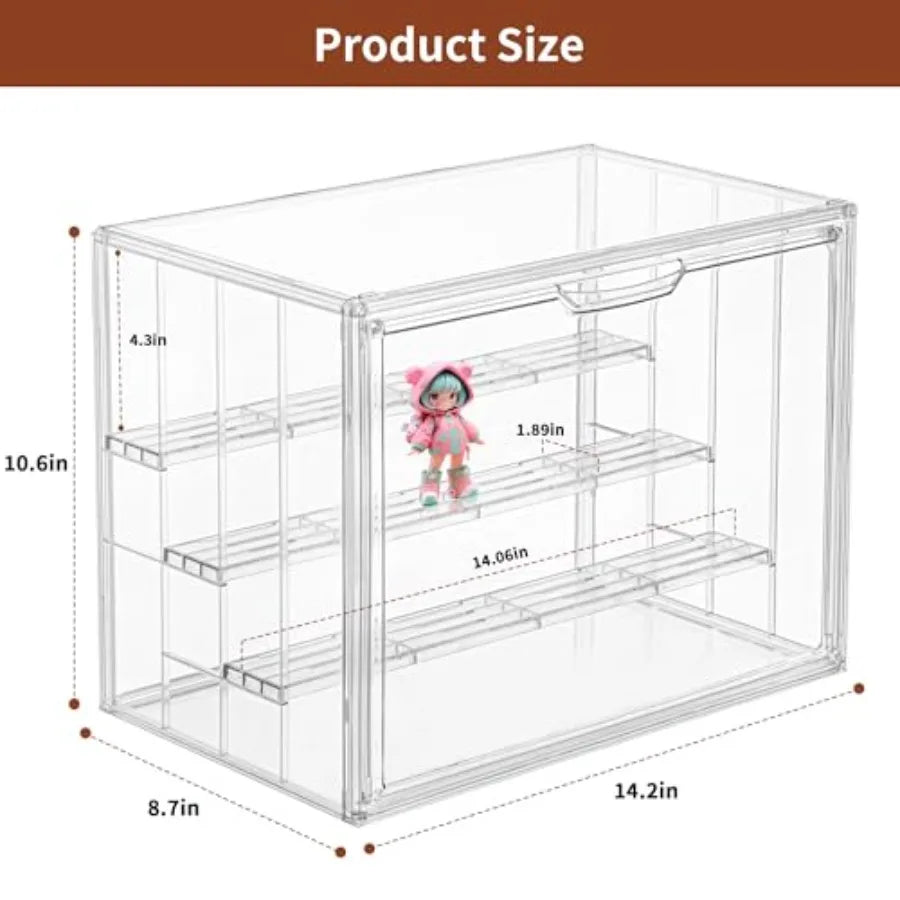 Clear Acrylic Display Case Upgrade 4 Tier Figure Display Case with 3 Movable Dividers Stackable Display Box Showcase with Magne