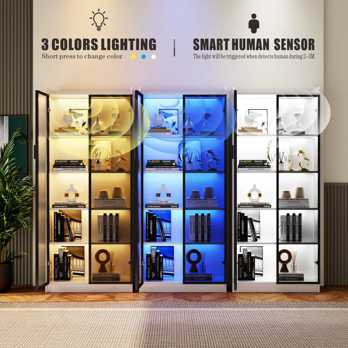 65 Inch Tall Display Cabinet With Glass Doors LED Lighting Adjustable Shelves 5 Tier Bookcase For Living Room Bedroom Office
