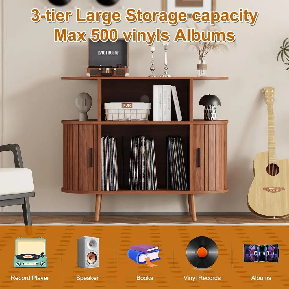 Large Round Vinyl Storage Cabinet for 150+ Records, Living Room/Bedroom Media Stand with Display Shelf in Walnut
